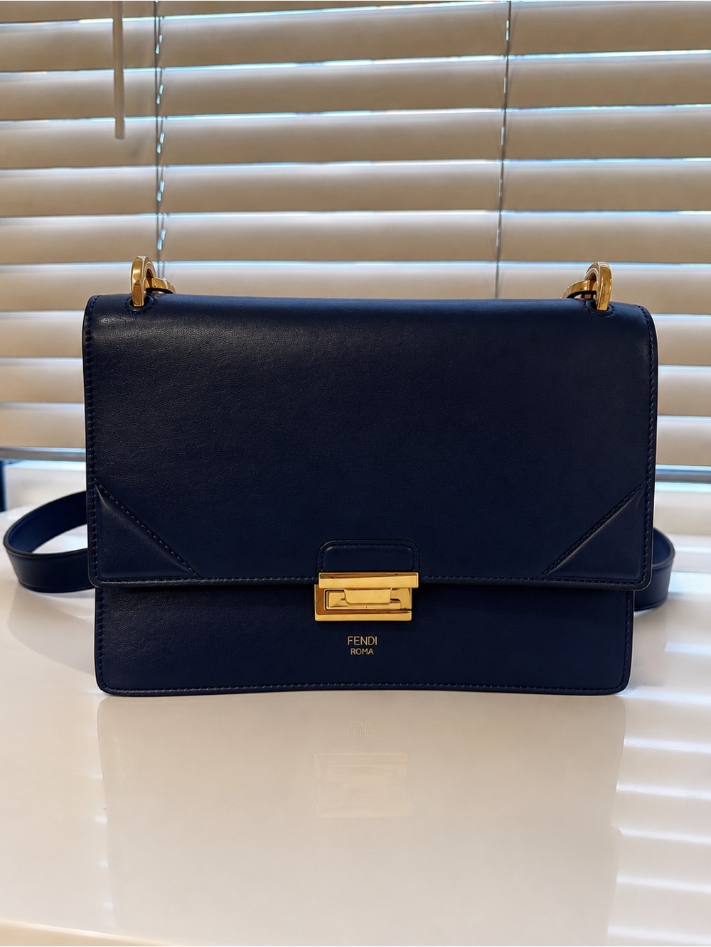 Fendi Leather Shoulder Bag in Deep Navy with Gold Hardware